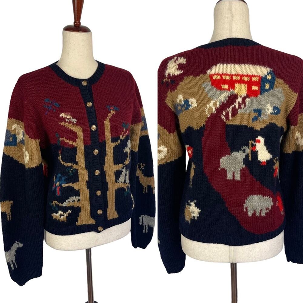 Vintage 80s Cardigan Sweater 100% Shetland Wool Animal Motif Women's Small - Picture 2 of 9